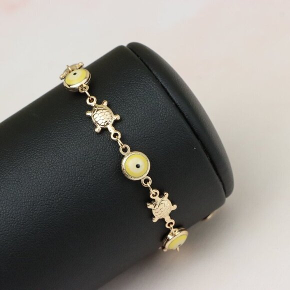 "Rose Gold Turtle & Yellow Evil Eye Bracelet, Cute Protective Design, XPBL0744 - Picture 6 of 12